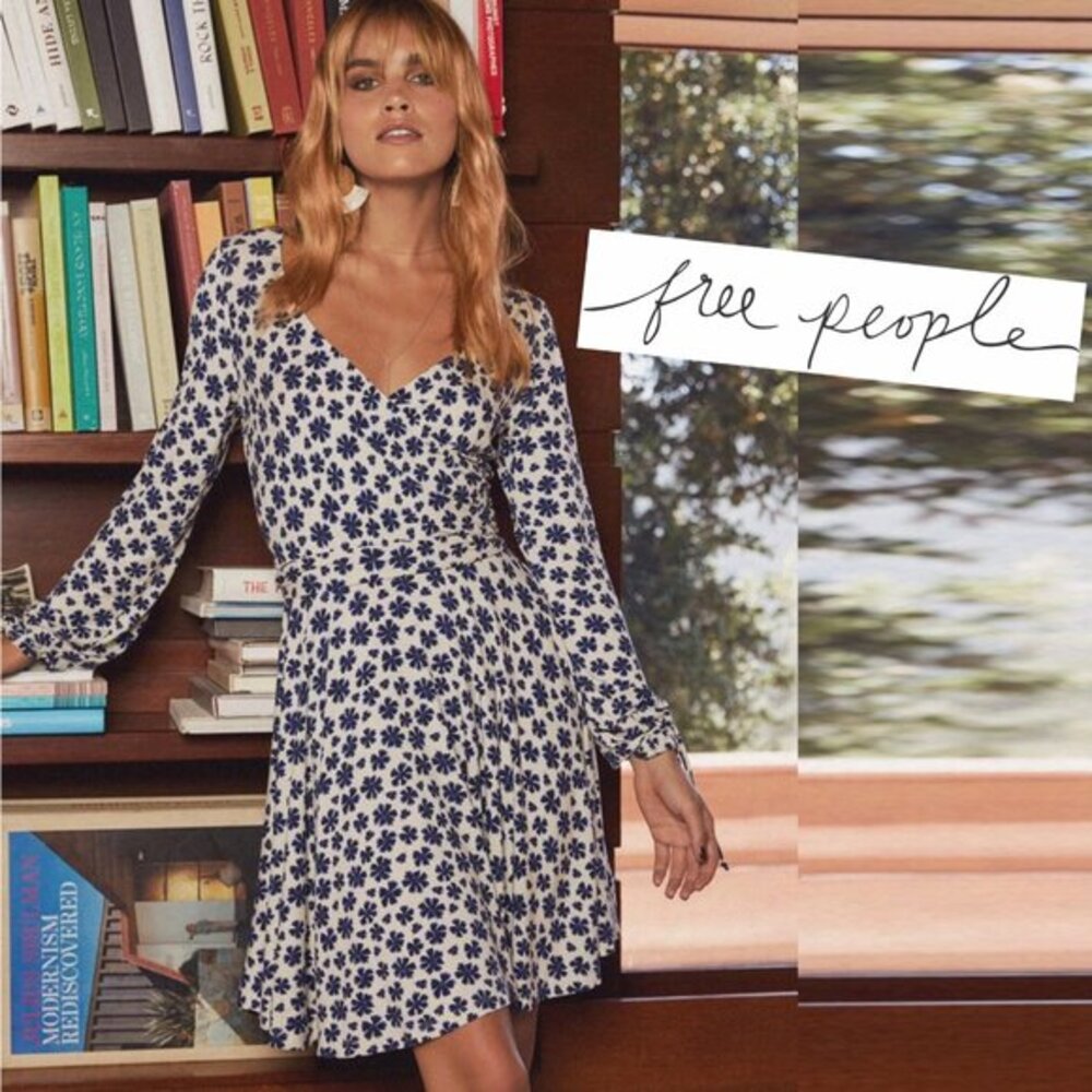 Free People Small Wrap V Neck Mini Floral Long Sleeve Dress White Blue Pradera